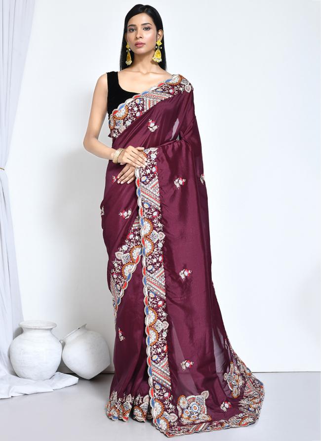 Crepe Silk Purple Wedding Wear Embroidery Work Saree